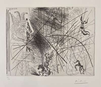 Vieux bouffon contemplant des acrobates I (Eau-forte) - Pablo  PICASSO