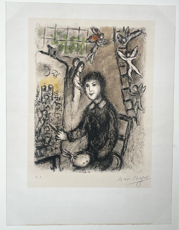 Le peintre devant le tabeau (Lithographie) - Marc CHAGALL