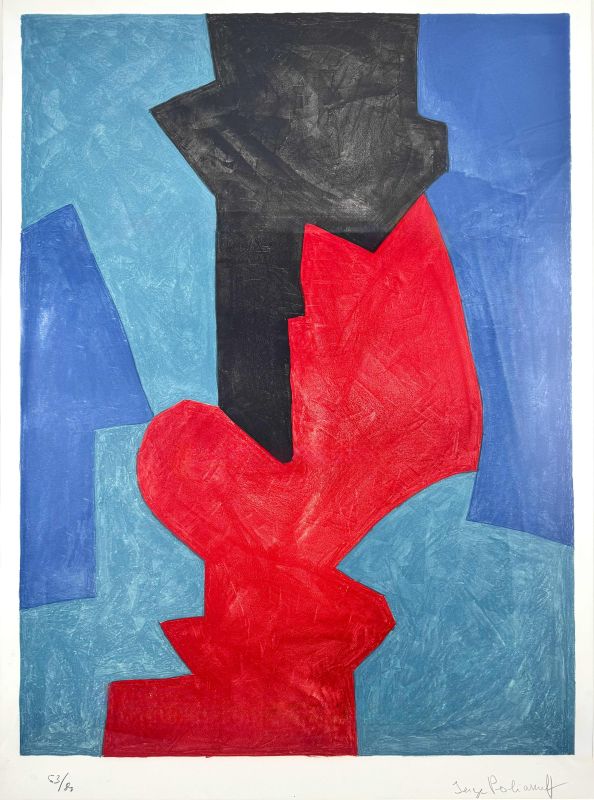 Komposition in Blau, Rot und Schwarz L75 (Farblithographie) - Serge  POLIAKOFF