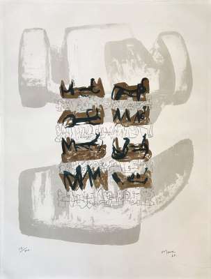Huit personnages allongés sur un fond rocheux (Lithographie) - Henry  MOORE