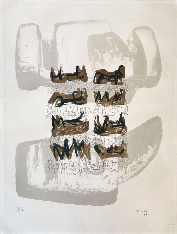 Huit personnages allongés sur un fond rocheux (Lithographie) - Henry  MOORE