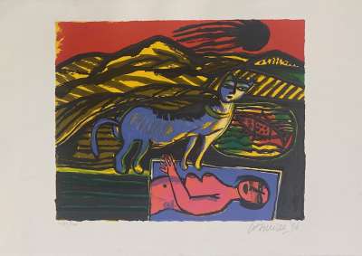 Le chat bleu (Lithograph) - Guillaume CORNEILLE