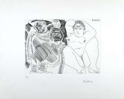 Die dicke Prostituierte, die Eulenhexe und der Reisende in Holzschuhen (Radierung) - Pablo  PICASSO