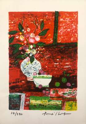 Bouquet et bol sur fond rouge (Lithograph) -  Artistes Divers