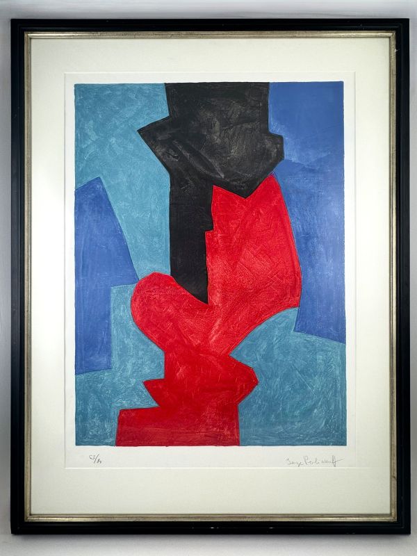 Komposition in Blau, Rot und Schwarz L75 (Farblithographie) - Serge  POLIAKOFF
