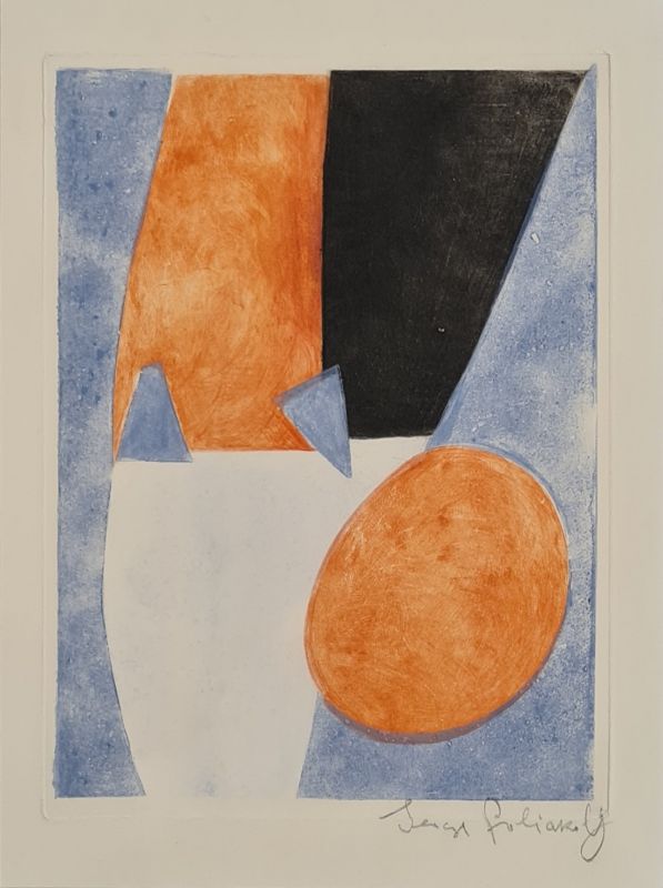 Composition bleue, grise et rouge XXVI (Etching and aquatint) - Serge  POLIAKOFF