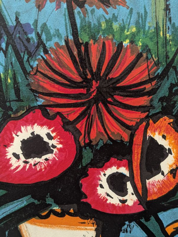 Blumenstrau&szlig; mit blauem Hintergrund (Farblithographie) - Bernard BUFFET
