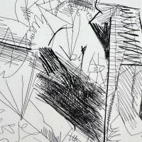 Hombre con chaleco afgano que reflexiona sobre el amor entre un «mosquetero» y su amada (Aguafuerte) — Pablo PICASSO — Vista de detalle