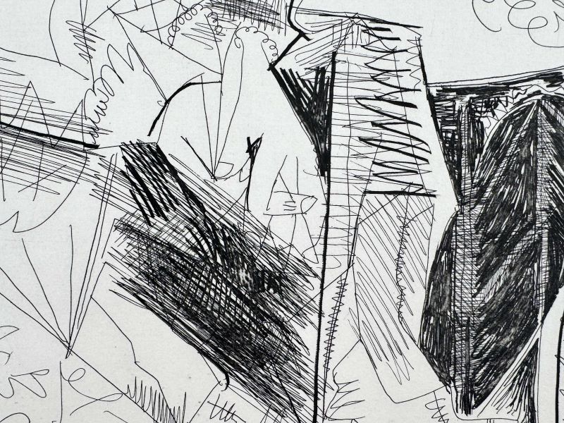 Hombre con chaleco afgano que reflexiona sobre el amor entre un «mosquetero» y su amada (Aguafuerte) — Pablo PICASSO — Vista de detalle
