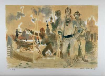 Lucien Fontanarosa (1912-1975) // Gondoliers &agrave; Venise (Lithograph) -  Artistes Divers