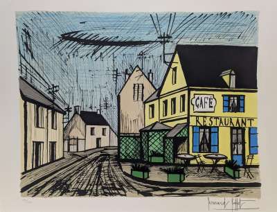Mareuil le caf&eacute; jaune et bleu (Lithographie) - Bernard BUFFET