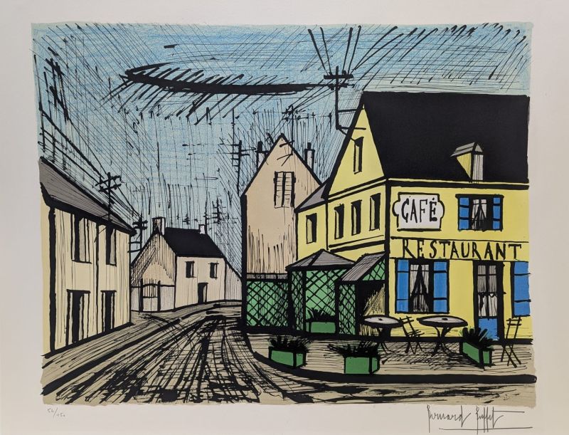 Mareuil le caf&eacute; jaune et bleu (Lithographie) - Bernard BUFFET