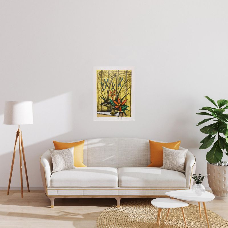 Strauß mit Iris und roten Blumen (Farblithographie) - Bernard BUFFET